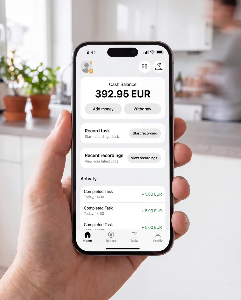 The Onsite app on a phone showing this week's earnings and recorded activities