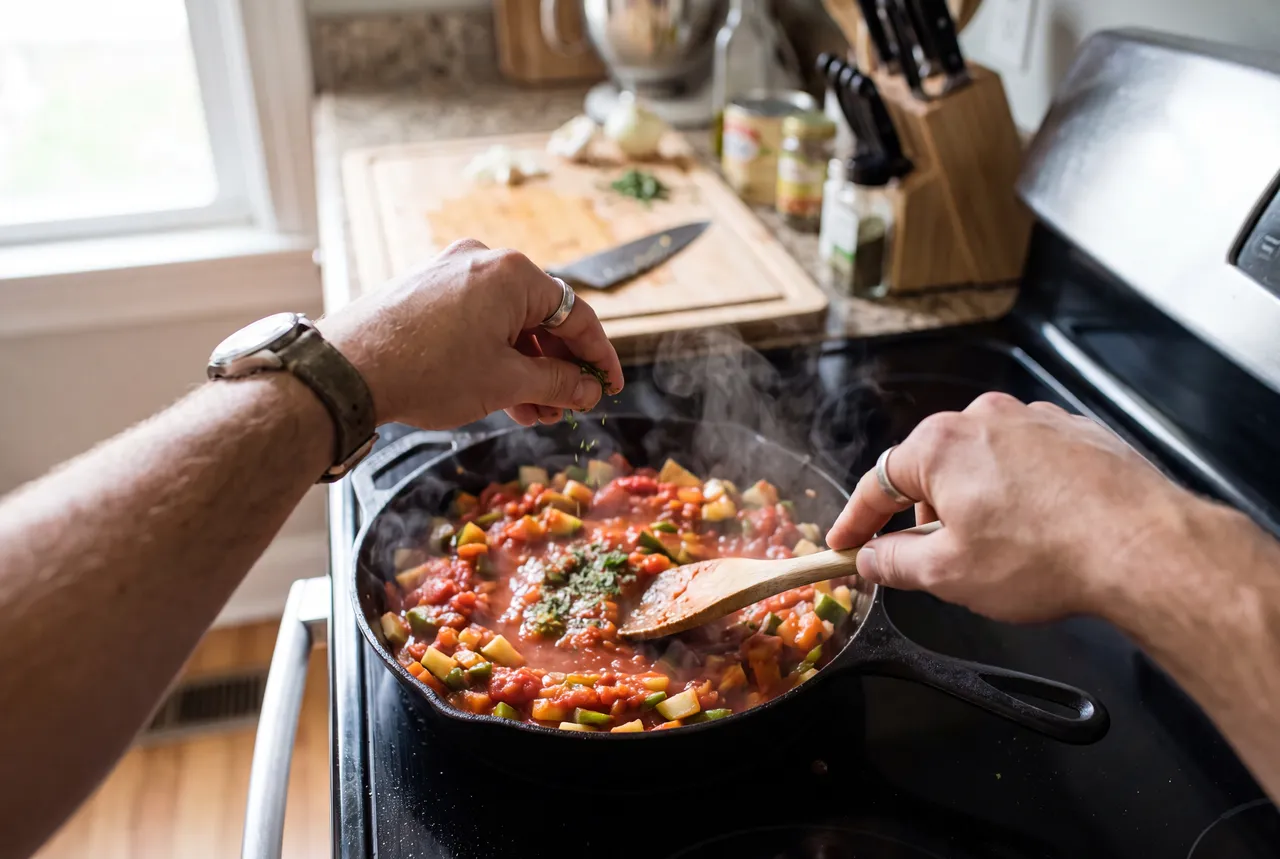 Cooking at home, filmed from the wearer's point of view